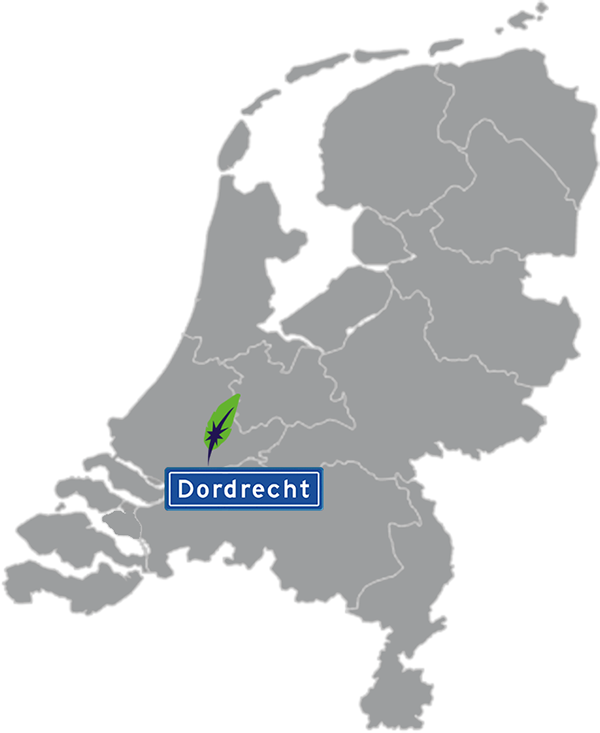 Landkaart Nederland grijs - locatie Dagnall Taleninstituut in Dordrecht - aangegeven met blauw plaatsnaambord met witte letters en Dagnall veer - op transparante achtergrond - 600 * 733 pixels